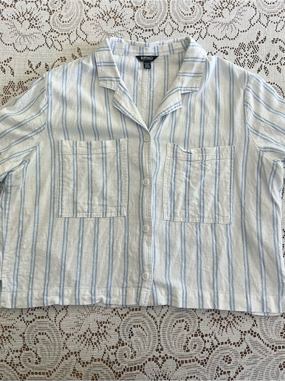 Buffalo David Bitton Light Blue and White Striped Button Down Linen Shirt